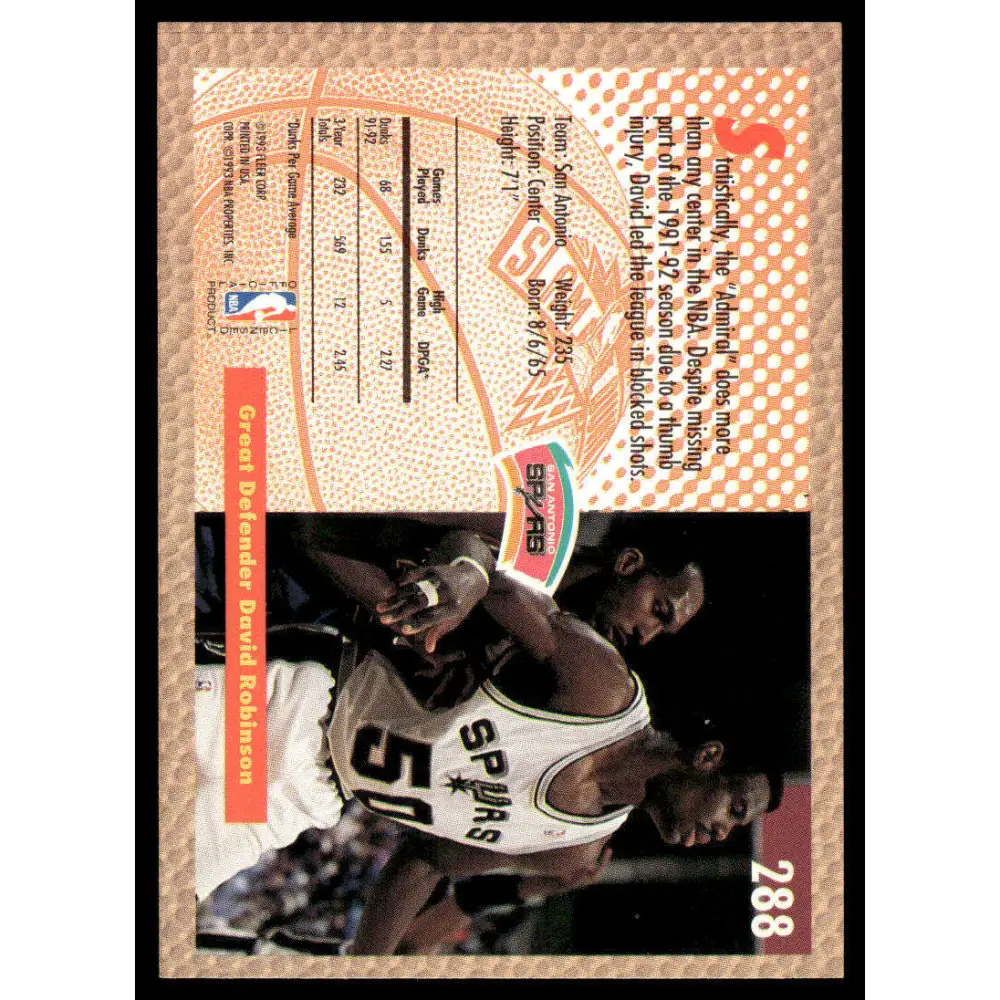 1992 Fleer #288 David Robinson NM/MT San Antonio Spurs Basketball Card Image 2