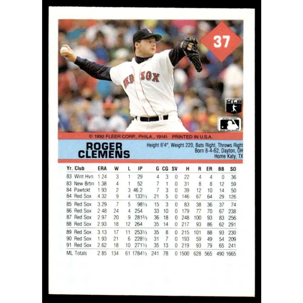 1992 Fleer #37 Roger Clemens EX/NM Boston Red Sox Baseball Card Image 2