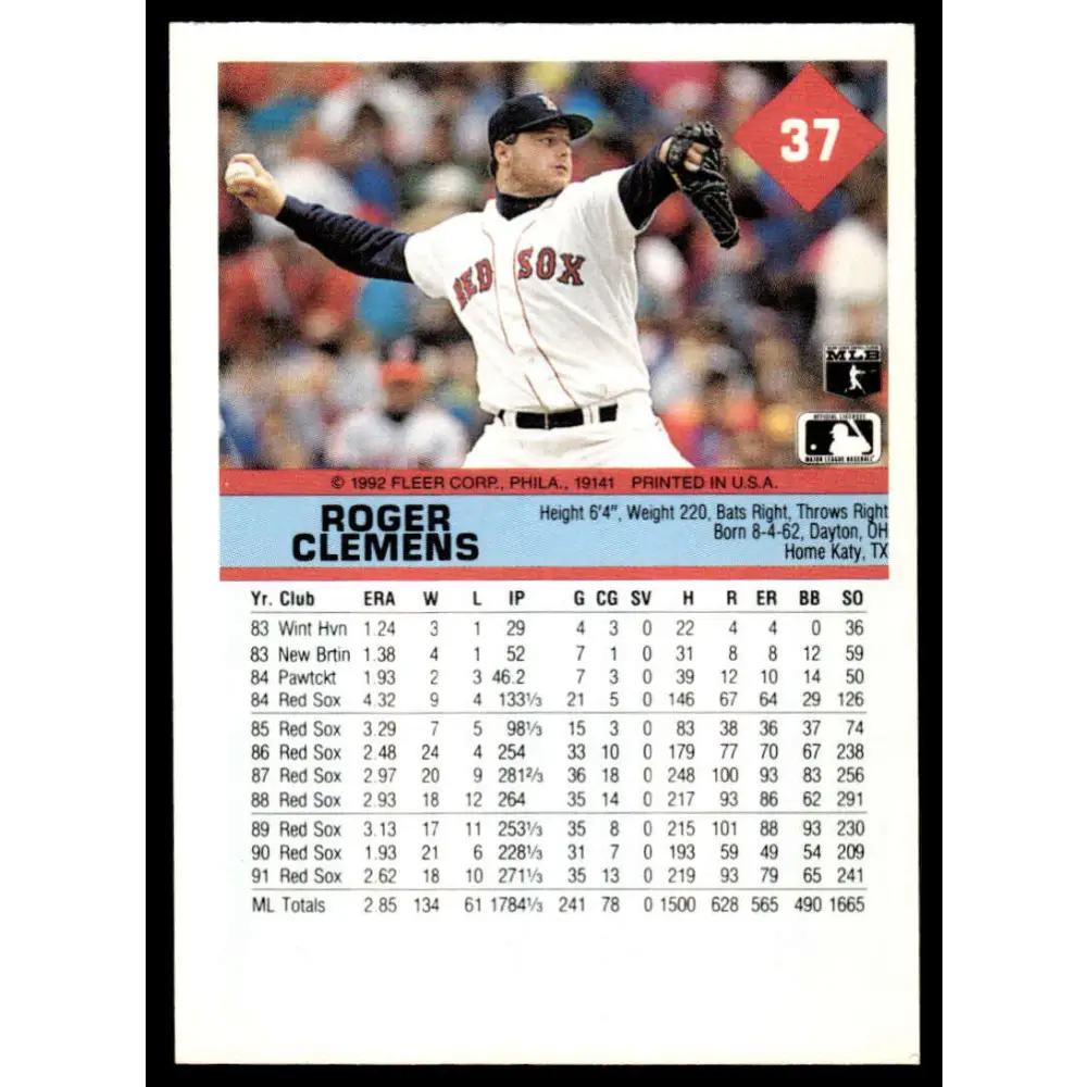1992 Fleer #37 Roger Clemens EX/NM Boston Red Sox Baseball Card Image 2