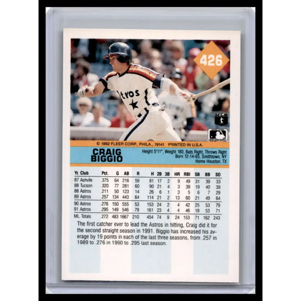 1992 Fleer #426 Craig Biggio NM-MT Houston Astros Baseball Card Image 2