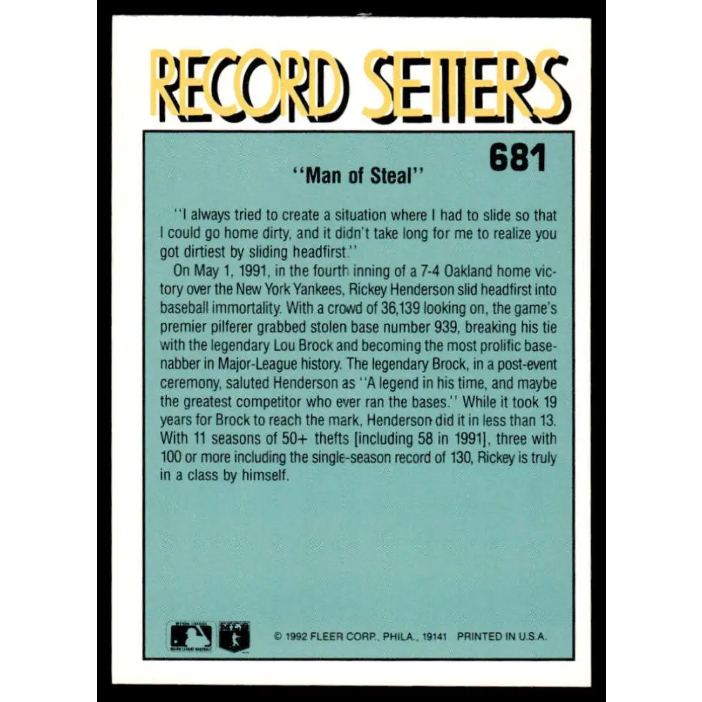 1992 Fleer #681 Rickey Henderson NM-MT Oakland Athletics Baseball Card Image 2