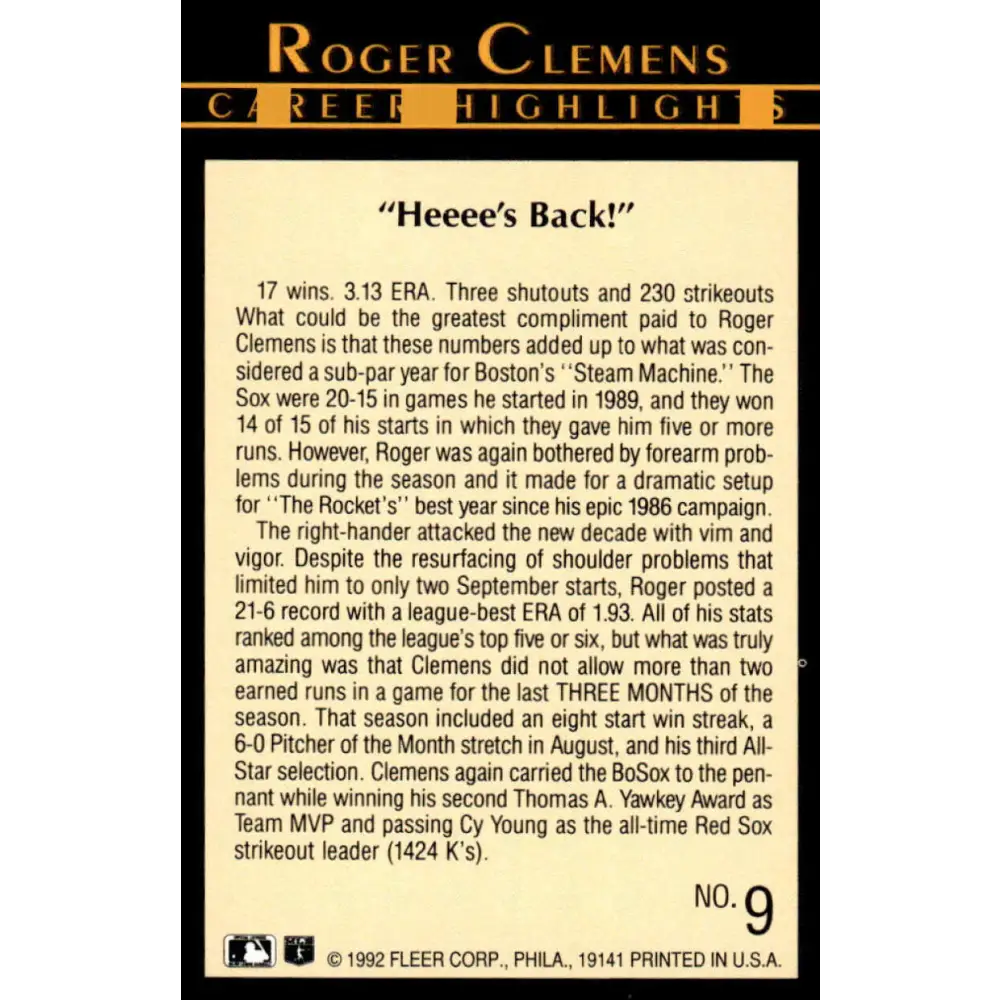 1992 Fleer #9 Roger Clemens EX/NM Boston Red Sox Baseball Card Image 2