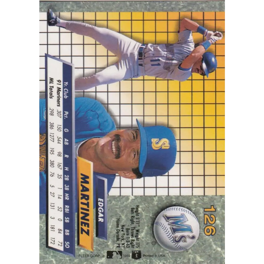 1992 Fleer Ultra #126 Edgar Martinez NM-MT Seattle Mariners Baseball Card Image 2