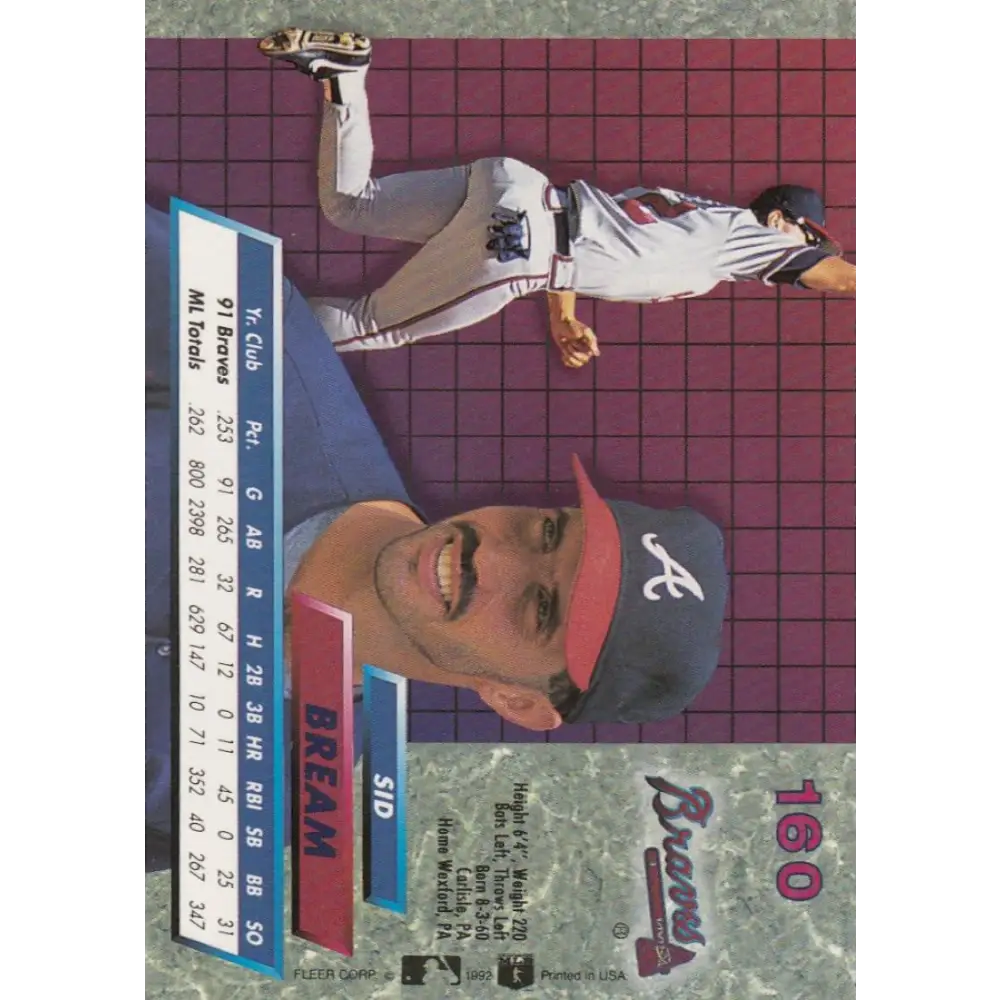 1992 Fleer Ultra #160 Sid Bream NM-MT Atlanta Braves Baseball Card Image 2