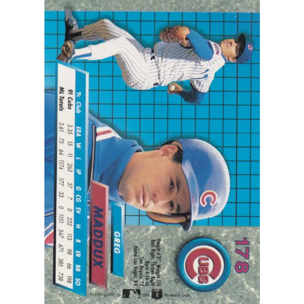 1992 Fleer Ultra #178 Greg Maddux NM-MT Chicago Cubs Baseball Card Image 2