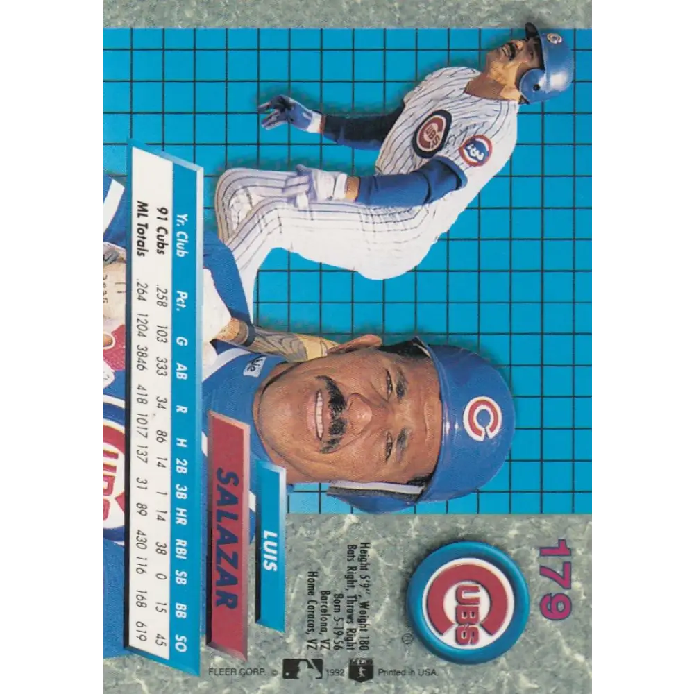 1992 Fleer Ultra #179 Luis Salazar NM-MT Chicago Cubs Baseball Card Image 2