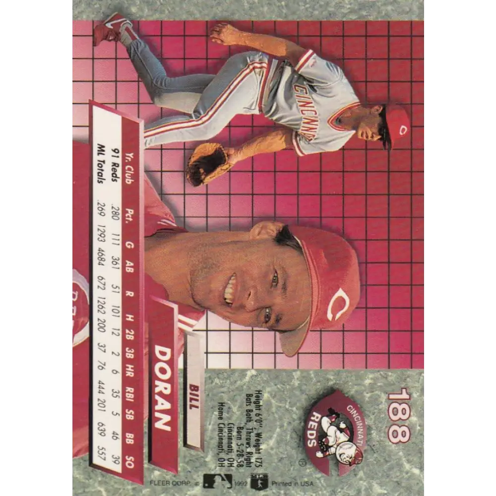 1992 Fleer Ultra #188 Bill Doran NM-MT Cincinnati Reds Baseball Card Image 2