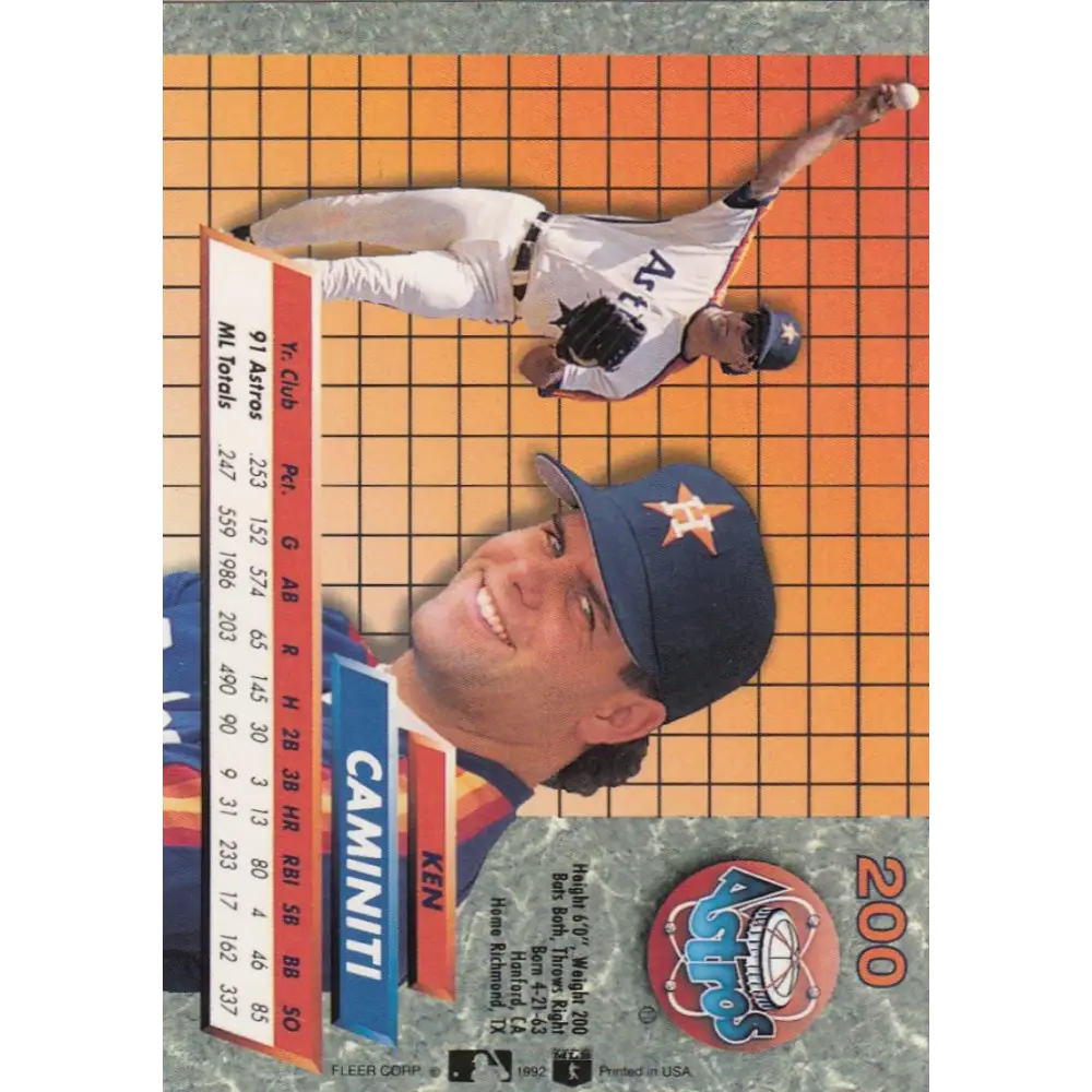 1992 Fleer Ultra #200 Ken Caminiti NM-MT Houston Astros Baseball Card Image 2