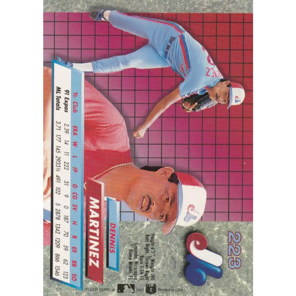 1992 Fleer Ultra #223 Dennis Martinez NM-MT Montreal Expos Baseball Card Image 2