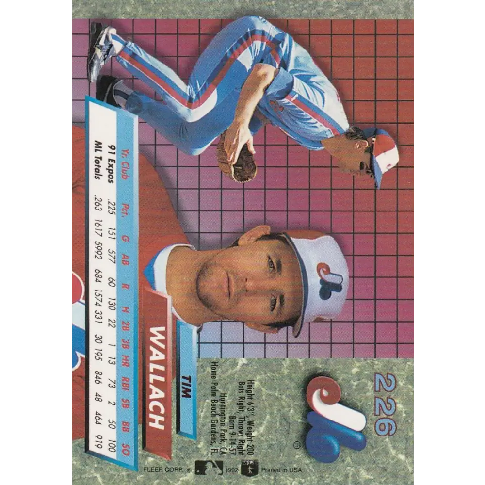 1992 Fleer Ultra #226 Tim Wallach NM-MT Montreal Expos Baseball Card Image 2
