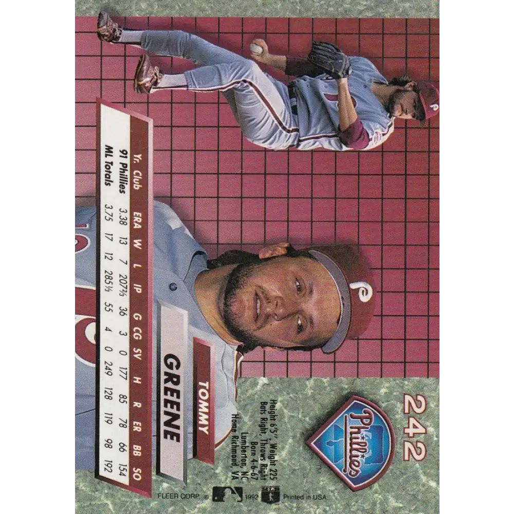 1992 Fleer Ultra #242 Tommy Greene NM-MT Philadelphia Phillies Baseball Card Image 2