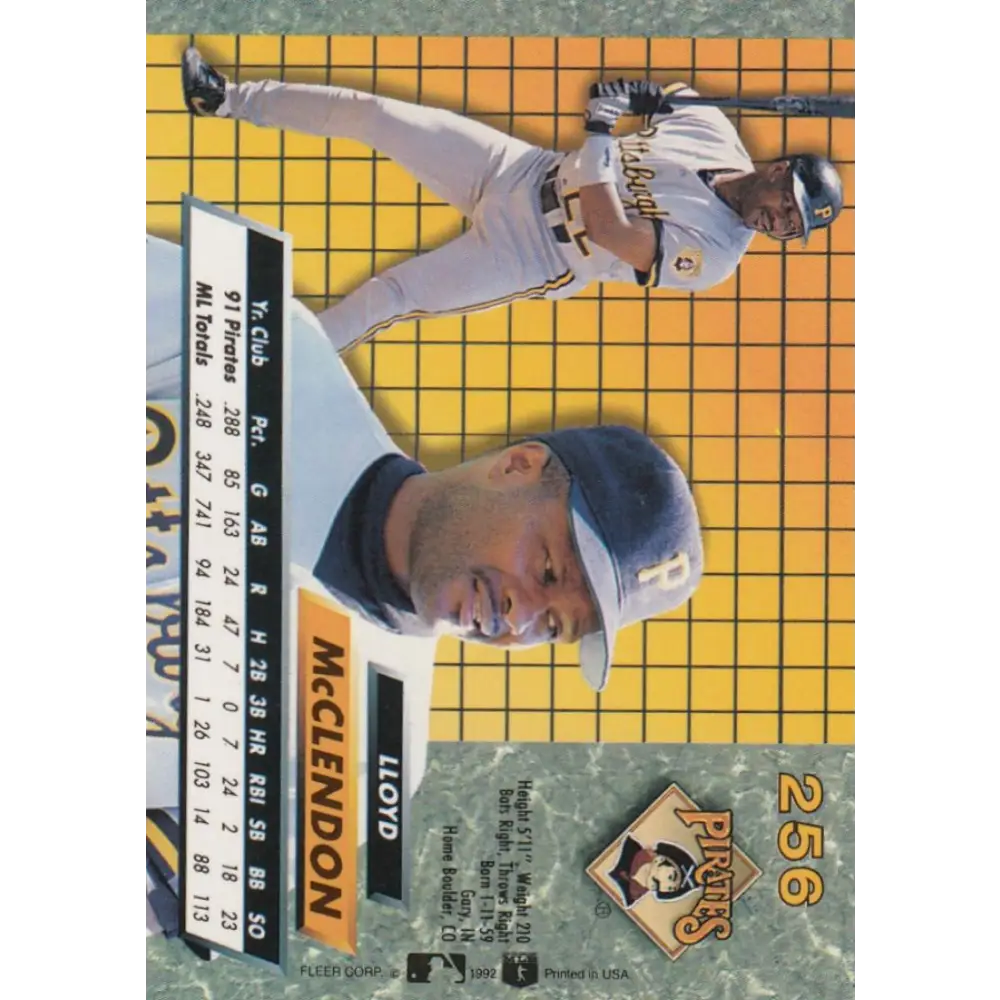 1992 Fleer Ultra #256 Lloyd McClendon NM-MT Pittsburgh Pirates Baseball Card Image 2