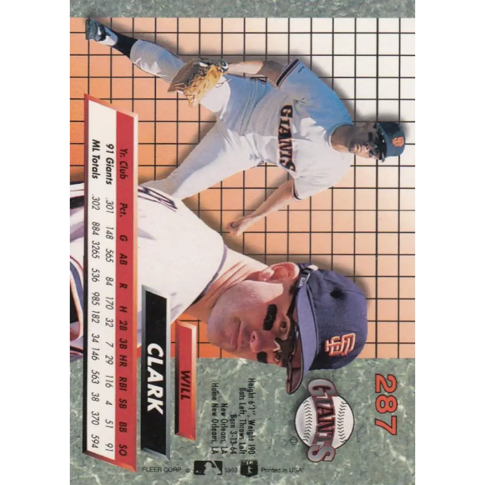 1992 Fleer Ultra #287 Will Clark NM-MT San Francisco Giants Baseball Card Image 2