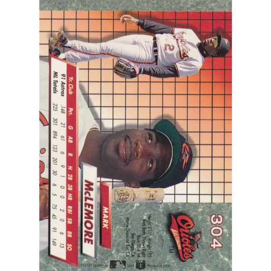 1992 Fleer Ultra #304 Mark McLemore NM-MT Baltimore Orioles Baseball Card Image 1