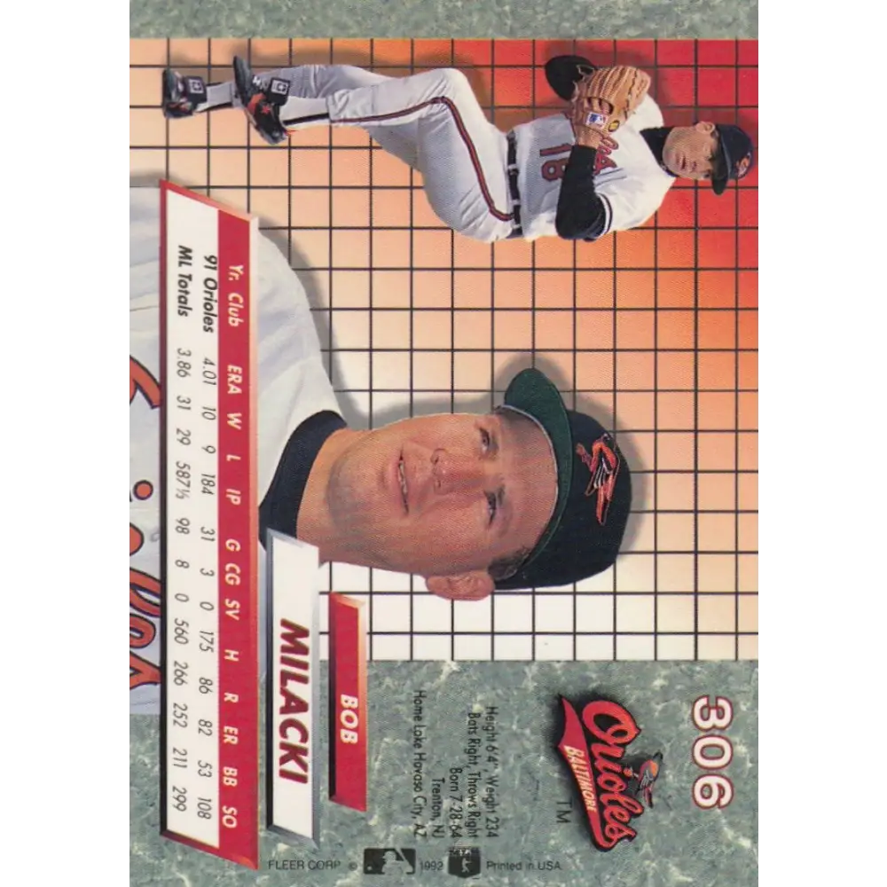 1992 Fleer Ultra #306 Bob Milacki NM-MT Baltimore Orioles Baseball Card Image 2