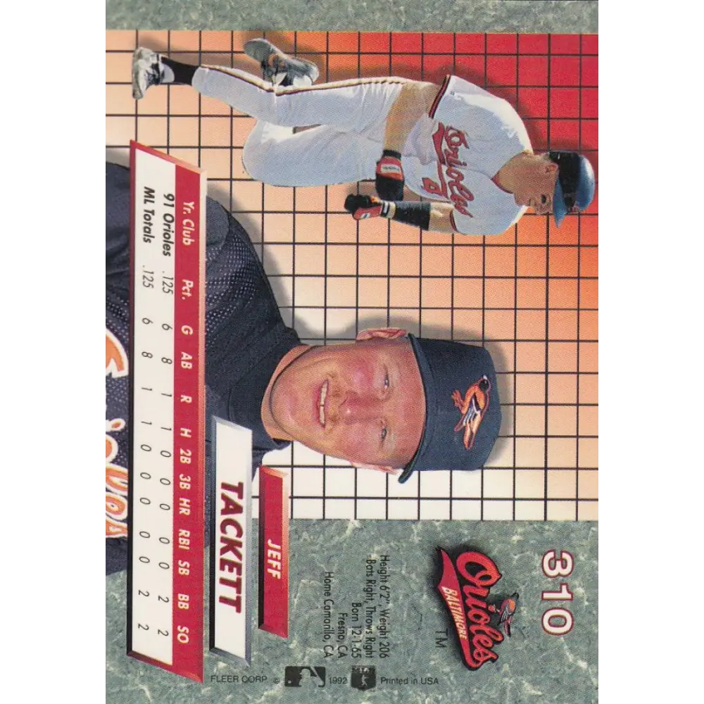 1992 Fleer Ultra #310 Jeff Tackett NM-MT Baltimore Orioles Baseball Card Image 2
