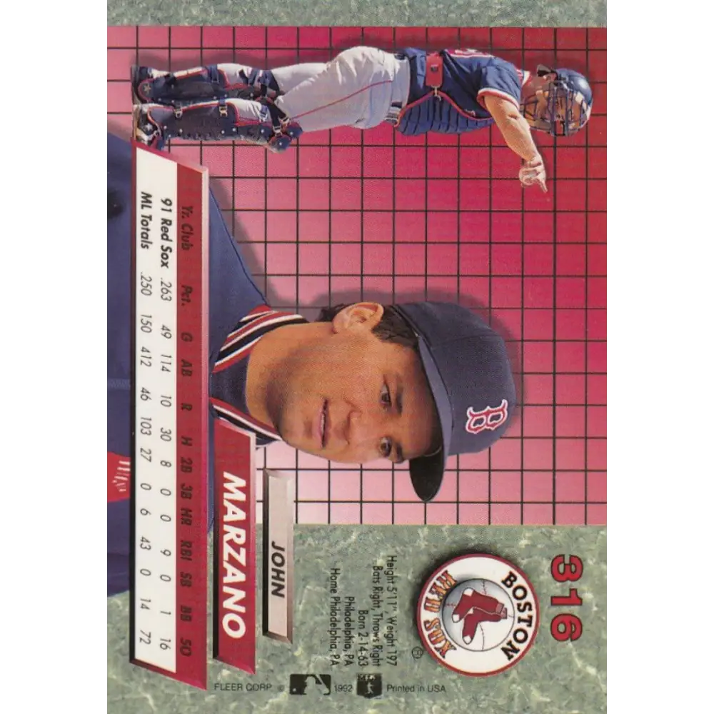 1992 Fleer Ultra #316 John Marzano NM-MT Boston Red Sox Baseball Card Image 2