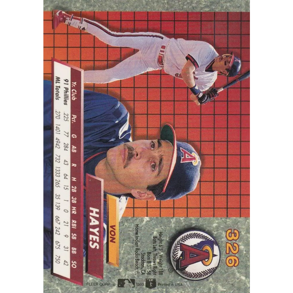 1992 Fleer Ultra #326 Von Hayes NM-MT California Angels Baseball Card Image 2