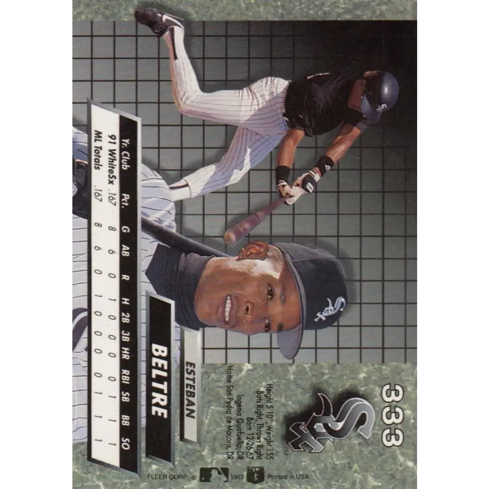 1992 Fleer Ultra #333 Esteban Beltre NM-MT RC Rookie Chicago White Sox Baseball Card Image 2