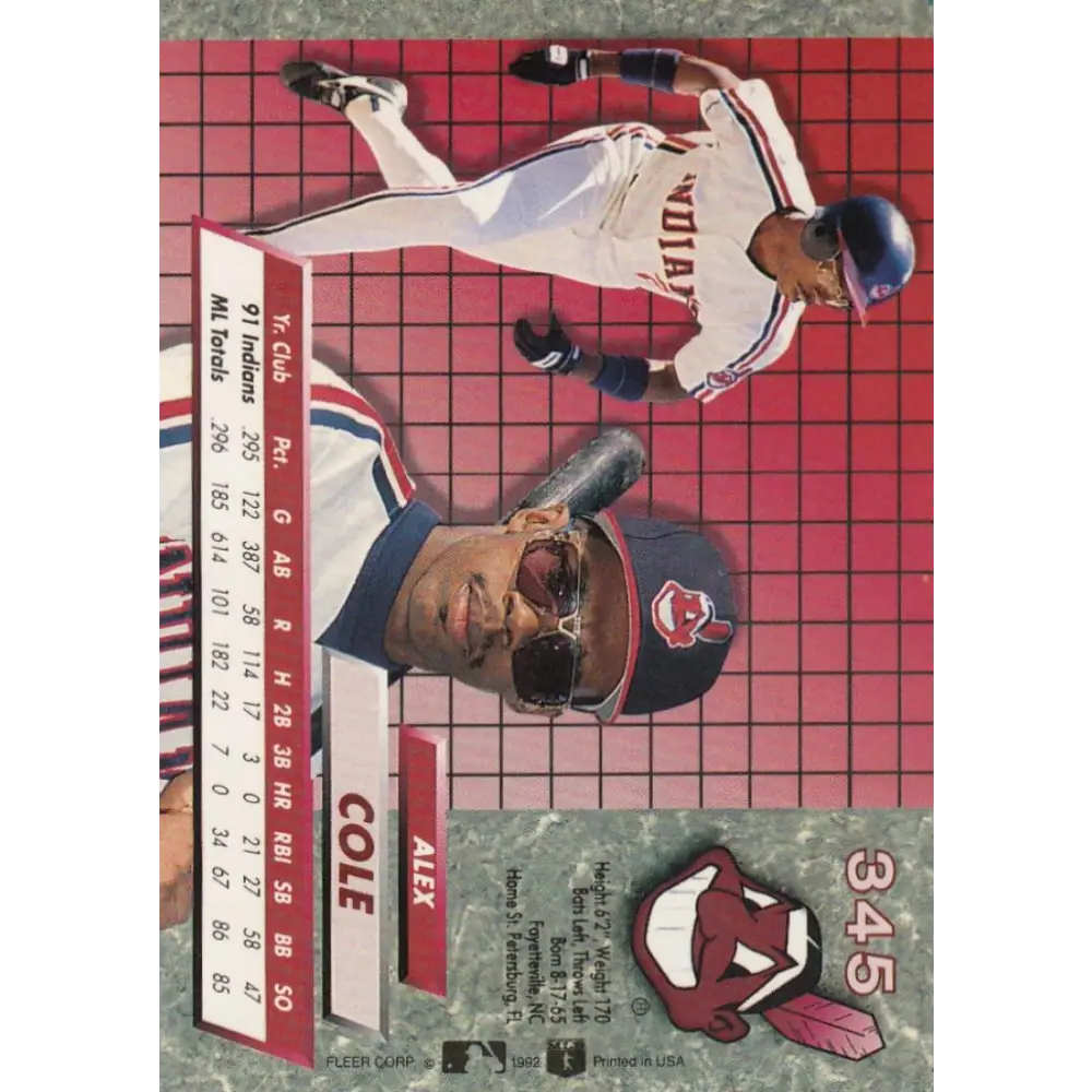 1992 Fleer Ultra #345 Alex Cole NM-MT Cleveland Indians Baseball Card Image 2