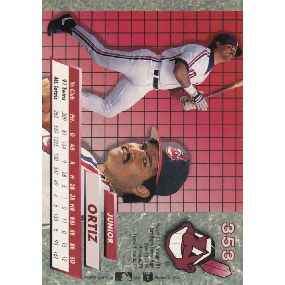 1992 Fleer Ultra #353 Junior Ortiz NM-MT Cleveland Indians Baseball Card Image 2