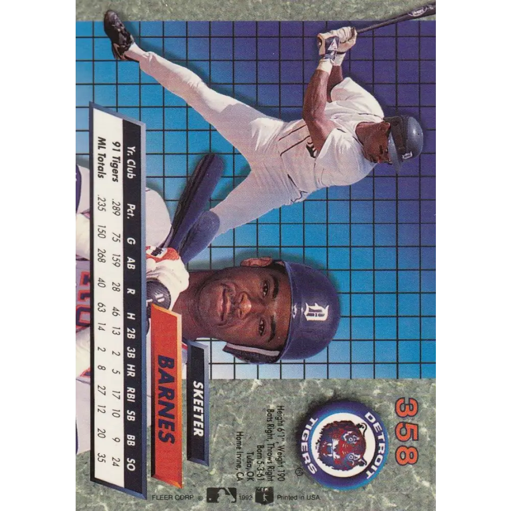 1992 Fleer Ultra #358 Skeeter Barnes NM-MT Detroit Tigers Baseball Card Image 2