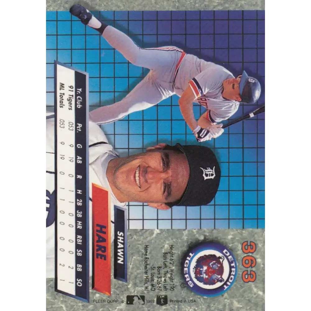 1992 Fleer Ultra #363 Shawn Hare NM-MT RC Rookie Detroit Tigers Baseball Card Image 2