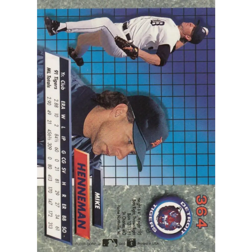 1992 Fleer Ultra #364 Mike Henneman NM-MT Detroit Tigers Baseball Card Image 2