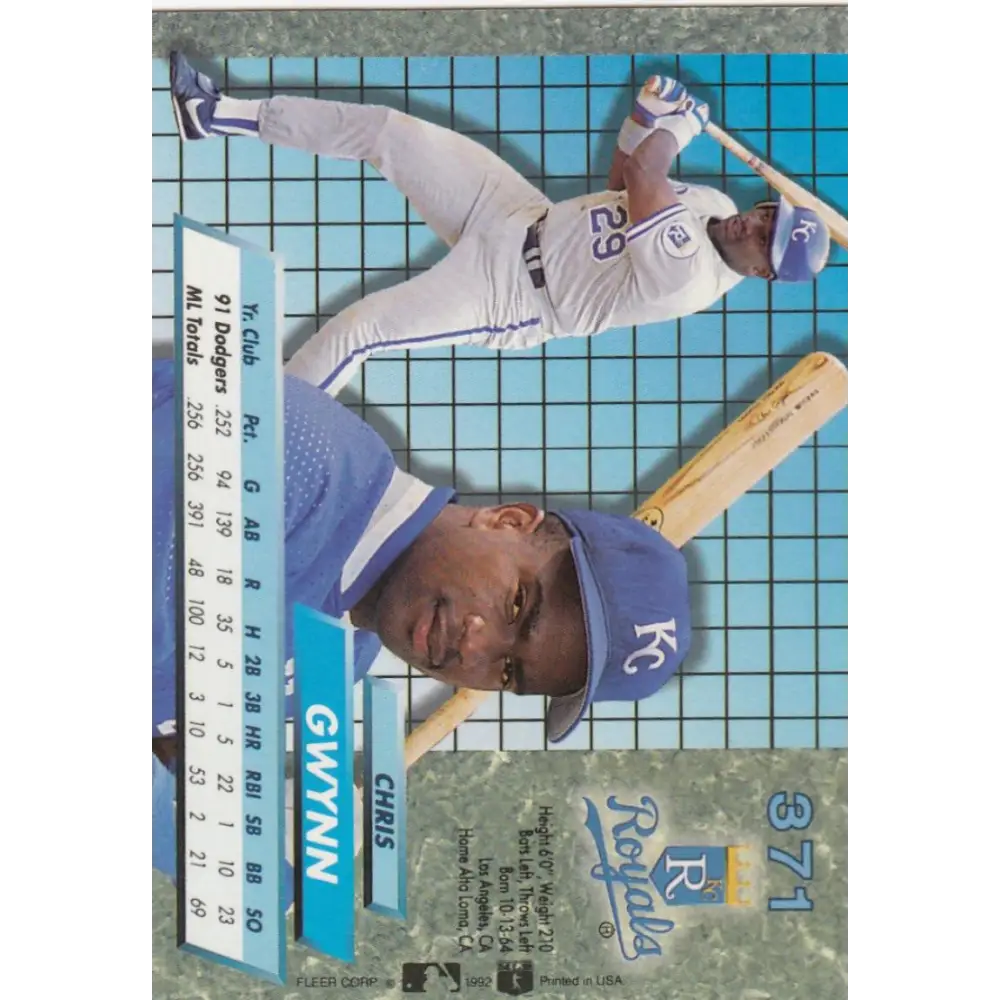 1992 Fleer Ultra #371 Chris Gwynn NM-MT Kansas City Royals Baseball Card Image 2