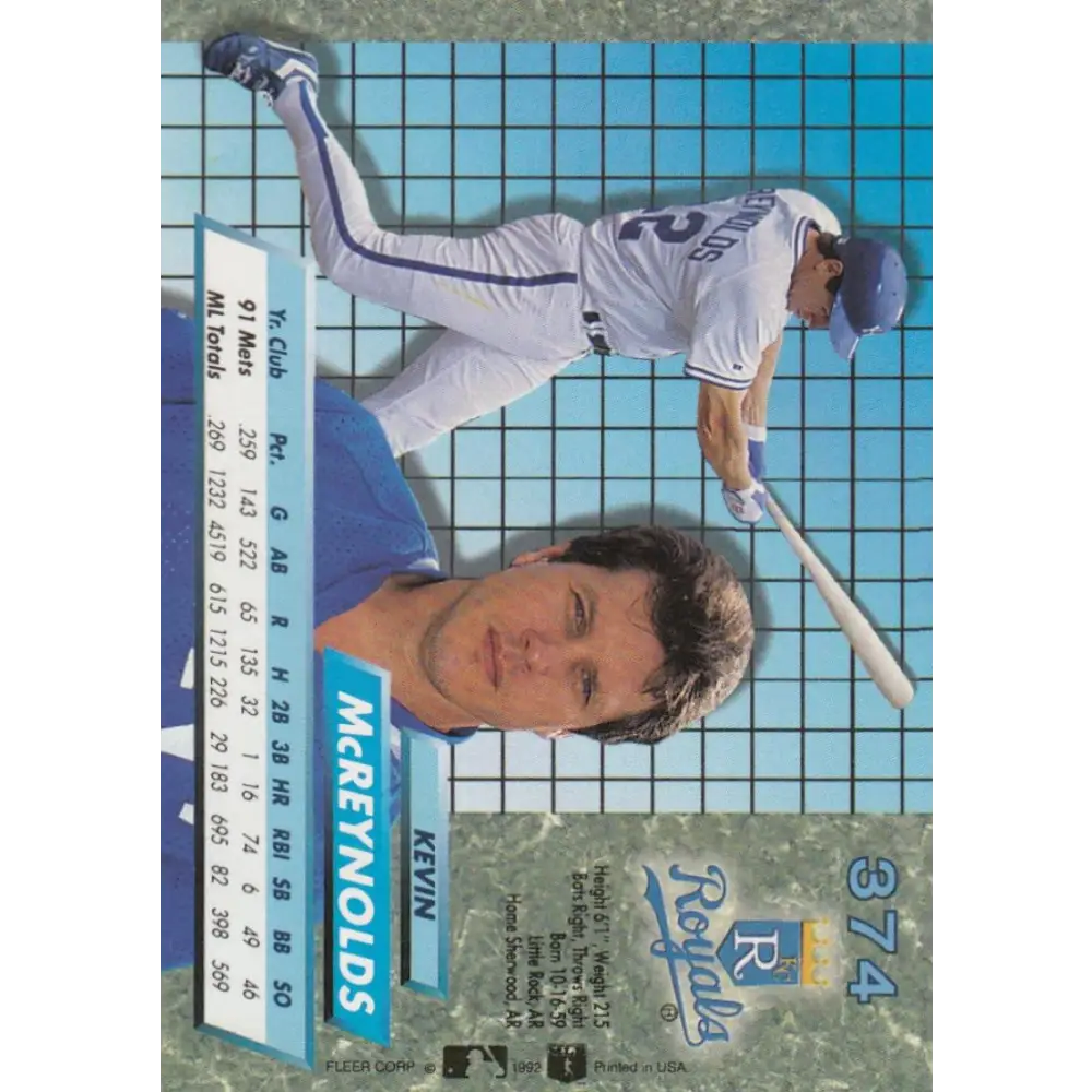 1992 Fleer Ultra #374 Kevin McReynolds NM-MT Kansas City Royals Baseball Card Image 2