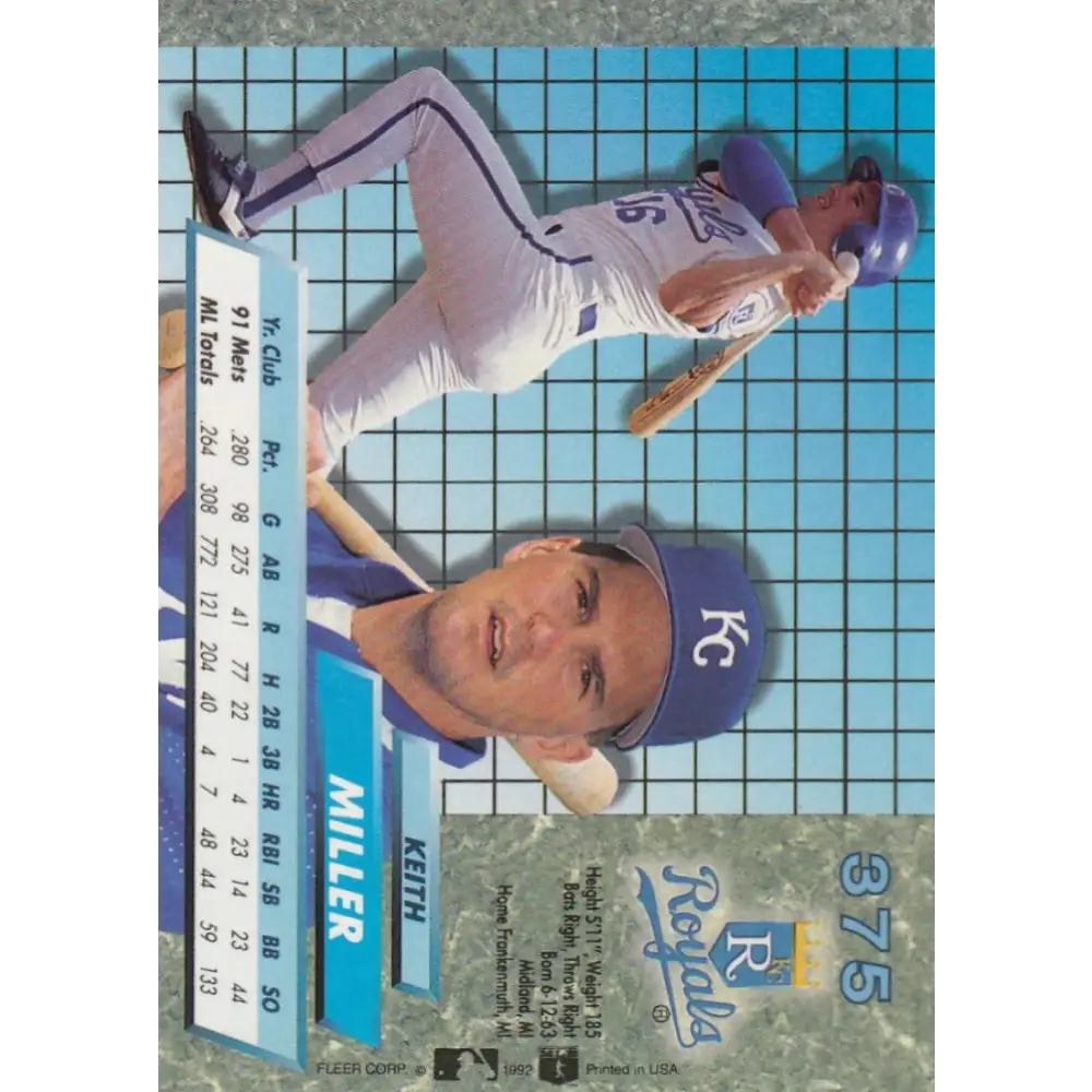 1992 Fleer Ultra #375 Keith Miller NM-MT Kansas City Royals Baseball Card Image 2