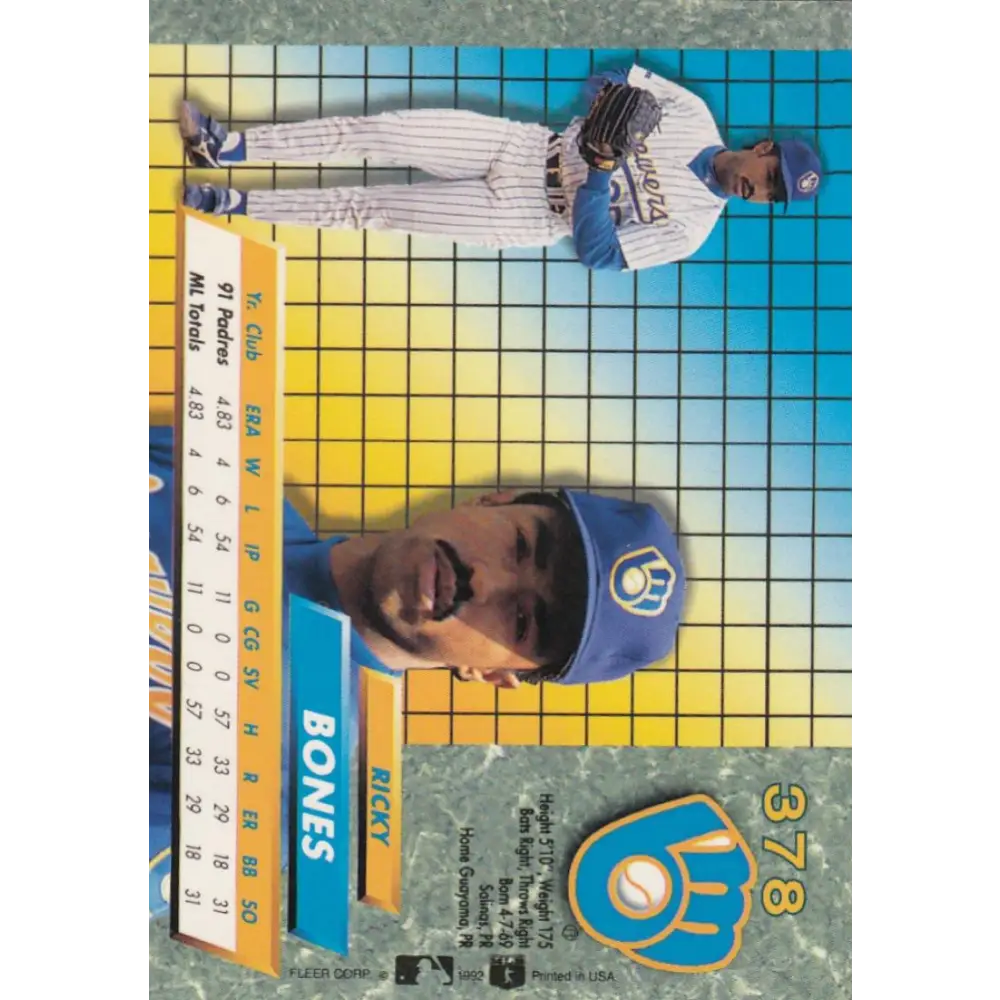1992 Fleer Ultra #378 Ricky Bones NM-MT Milwaukee Brewers Baseball Card Image 2