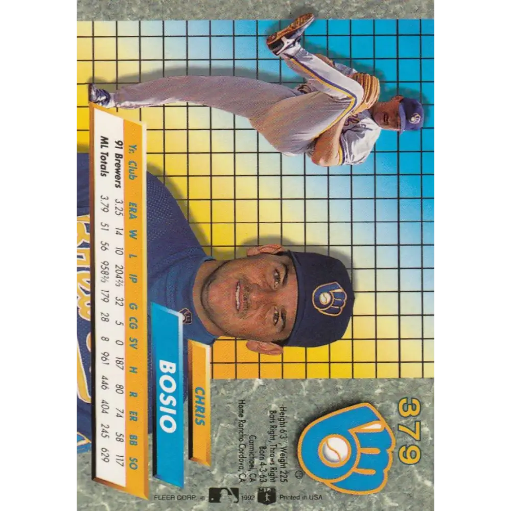 1992 Fleer Ultra #379 Chris Bosio NM-MT Milwaukee Brewers Baseball Card Image 2