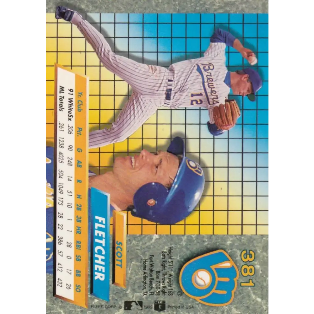 1992 Fleer Ultra #381 Scott Fletcher NM-MT Milwaukee Brewers Baseball Card Image 2