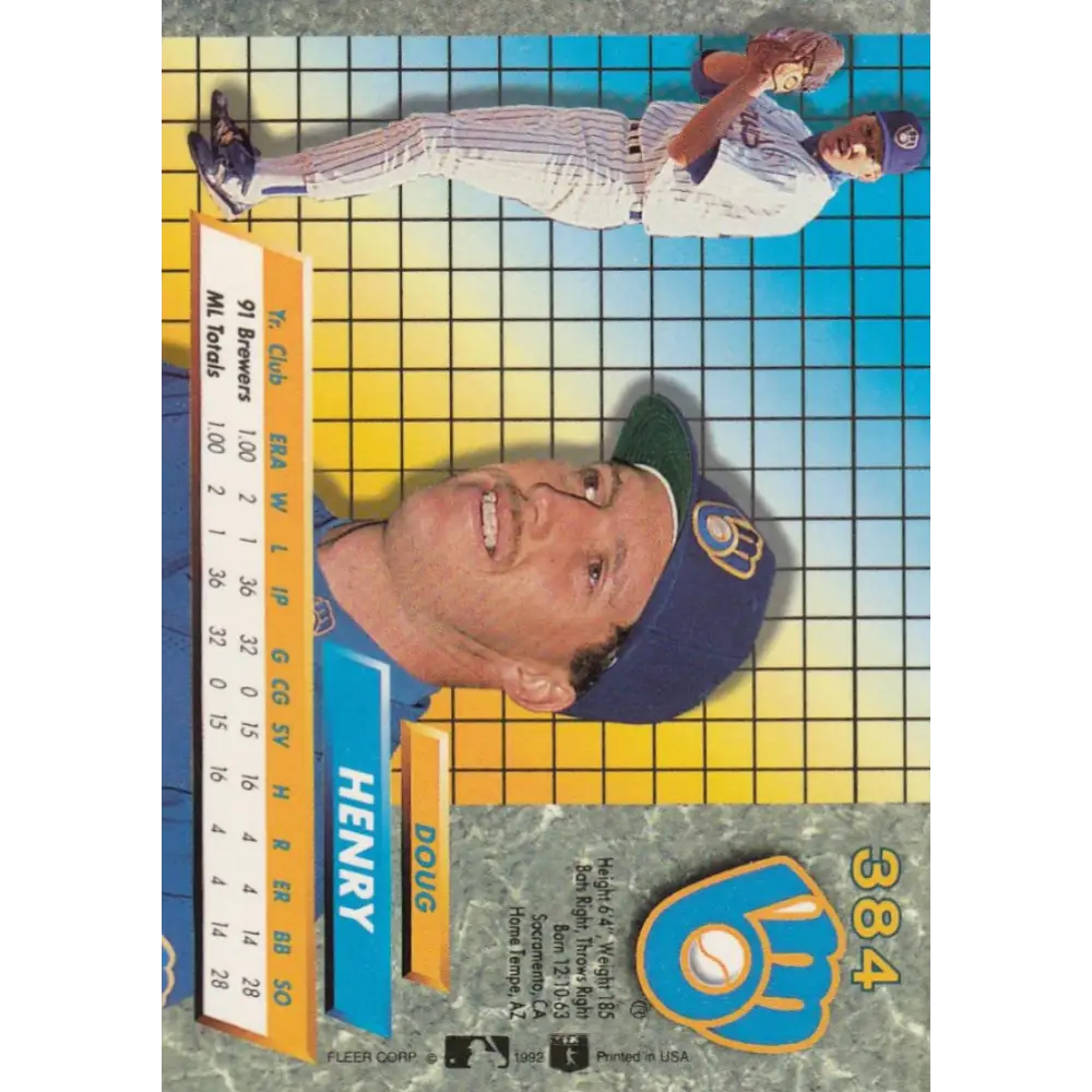 1992 Fleer Ultra #384 Doug Henry NM-MT RC Rookie Milwaukee Brewers Baseball Card Image 2