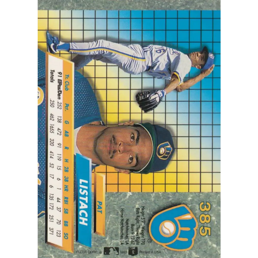 1992 Fleer Ultra #385 Pat Listach NM-MT RC Rookie Milwaukee Brewers Baseball Card Image 2