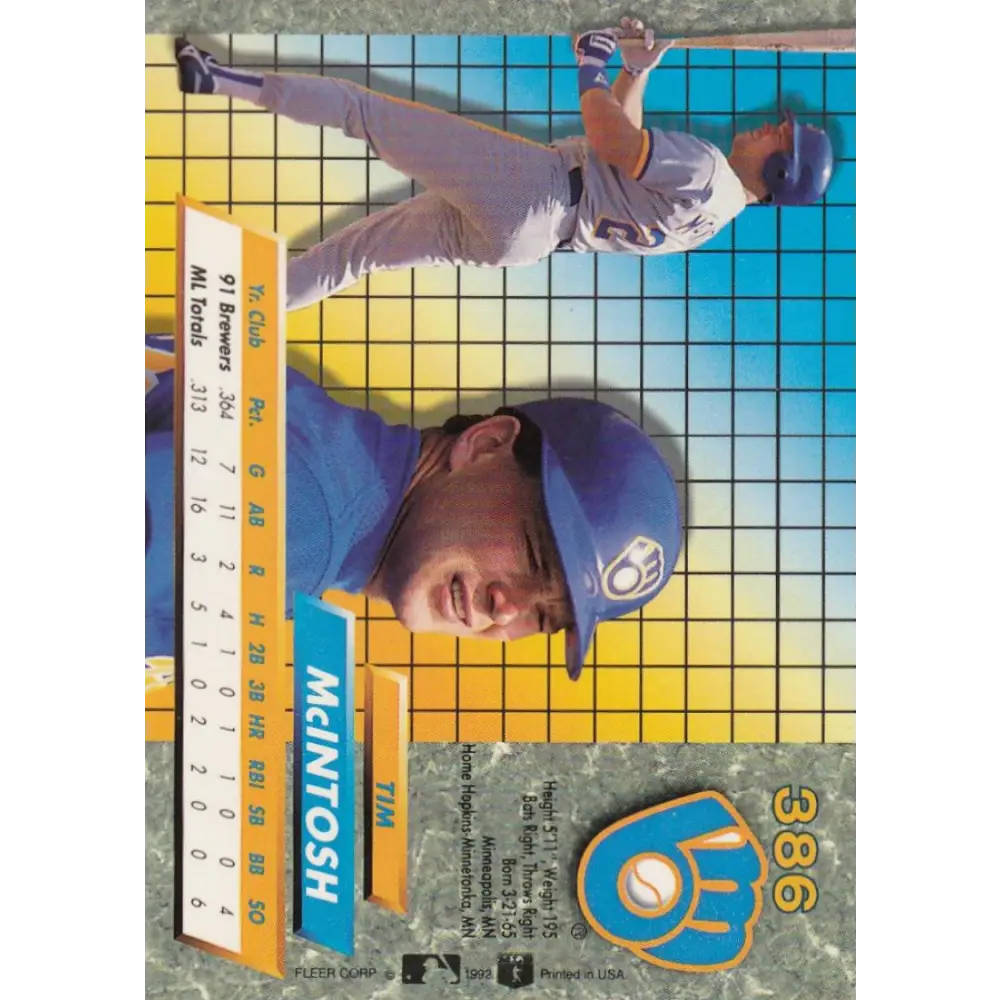 1992 Fleer Ultra #386 Tim McIntosh NM-MT Milwaukee Brewers Baseball Card Image 2