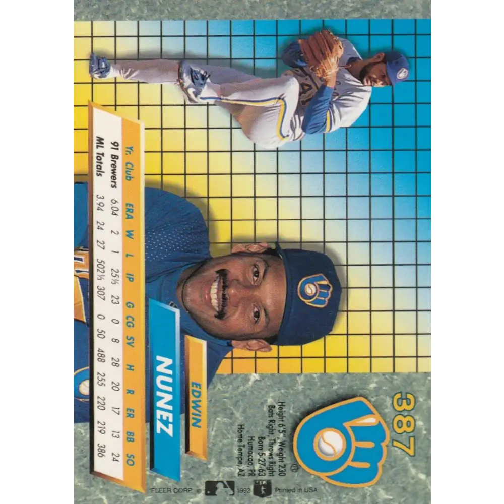 1992 Fleer Ultra #387 Edwin Nunez NM-MT Milwaukee Brewers Baseball Card Image 2