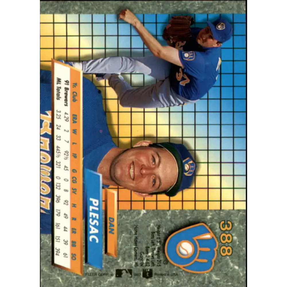 1992 Fleer Ultra #388 Dan Plesac NM-MT Milwaukee Brewers Baseball Card Image 2