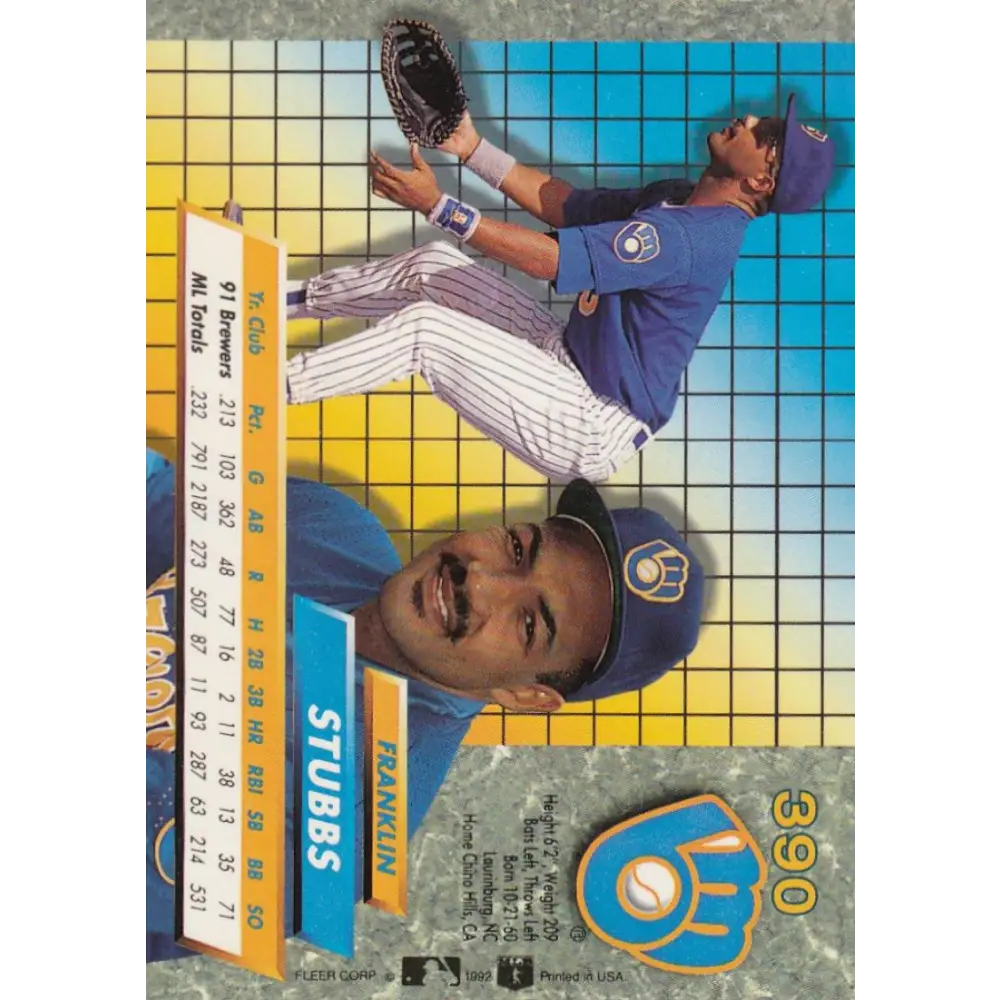 1992 Fleer Ultra #390 Franklin Stubbs NM-MT Milwaukee Brewers Baseball Card Image 2