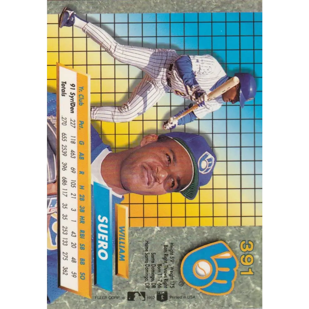 1992 Fleer Ultra #391 William Suero NM-MT Milwaukee Brewers Baseball Card Image 2