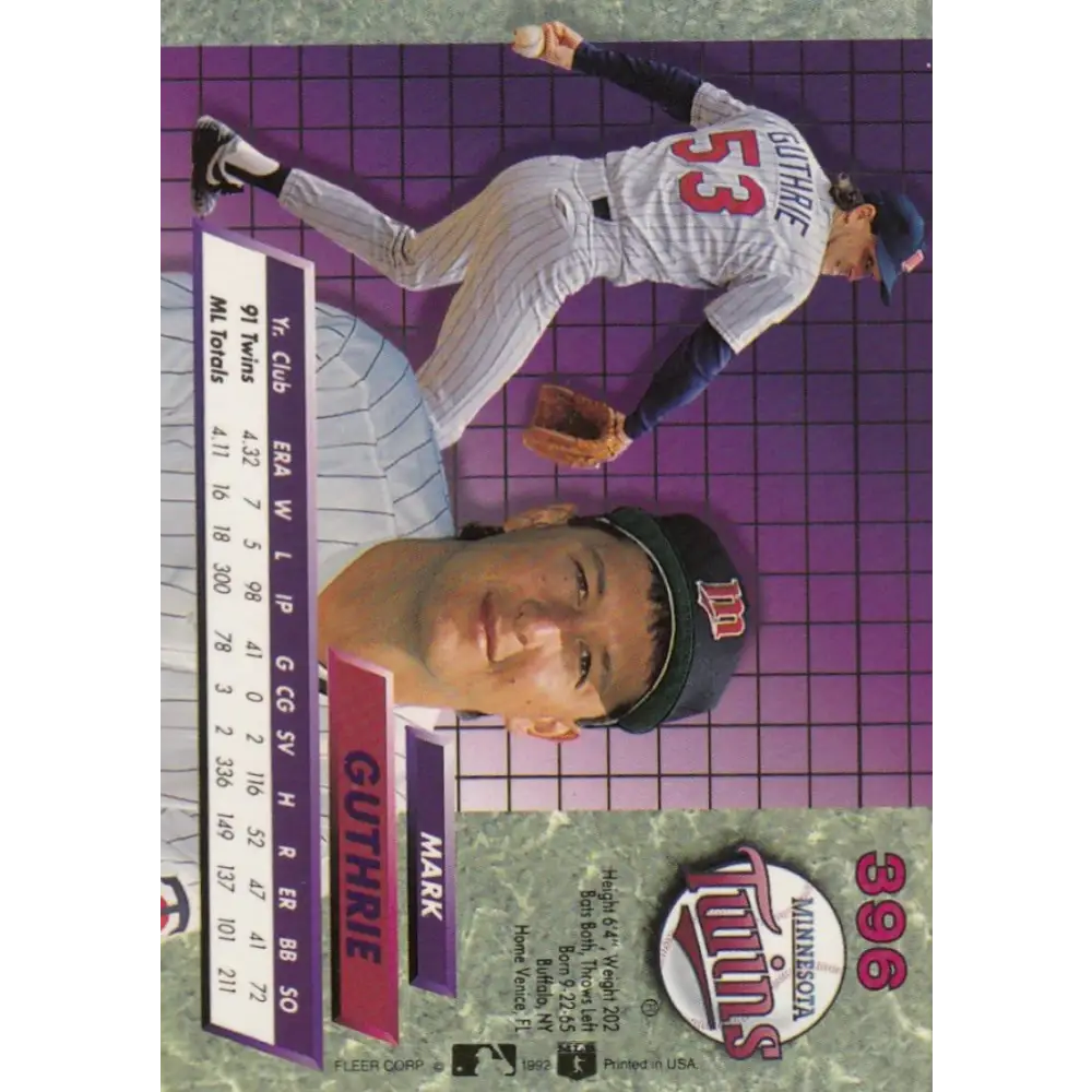 1992 Fleer Ultra #396 Mark Guthrie NM-MT Minnesota Twins Baseball Card Image 2