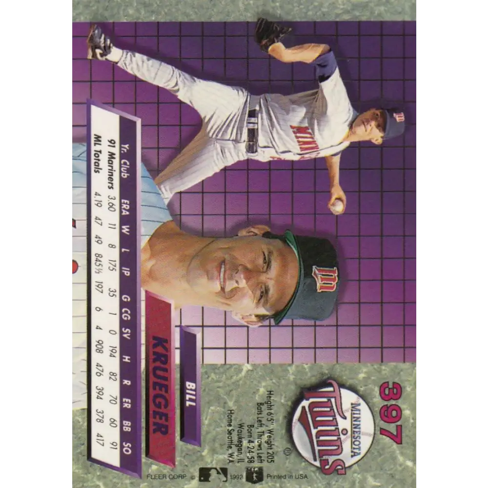 1992 Fleer Ultra #397 Bill Krueger NM-MT Minnesota Twins Baseball Card Image 2