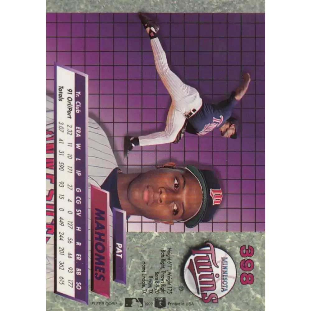1992 Fleer Ultra #398 Pat Mahomes NM-MT RC Rookie Minnesota Twins Baseball Card Image 2