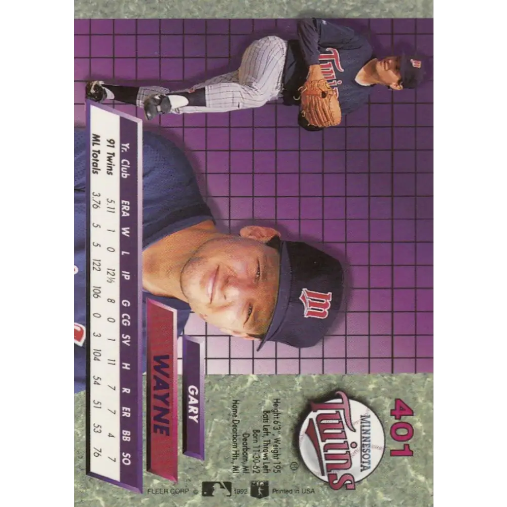1992 Fleer Ultra #401 Gary Wayne NM-MT Minnesota Twins Baseball Card Image 2