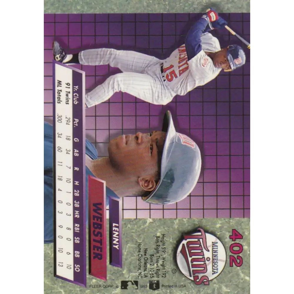 1992 Fleer Ultra #402 Lenny Webster NM-MT Minnesota Twins Baseball Card Image 2