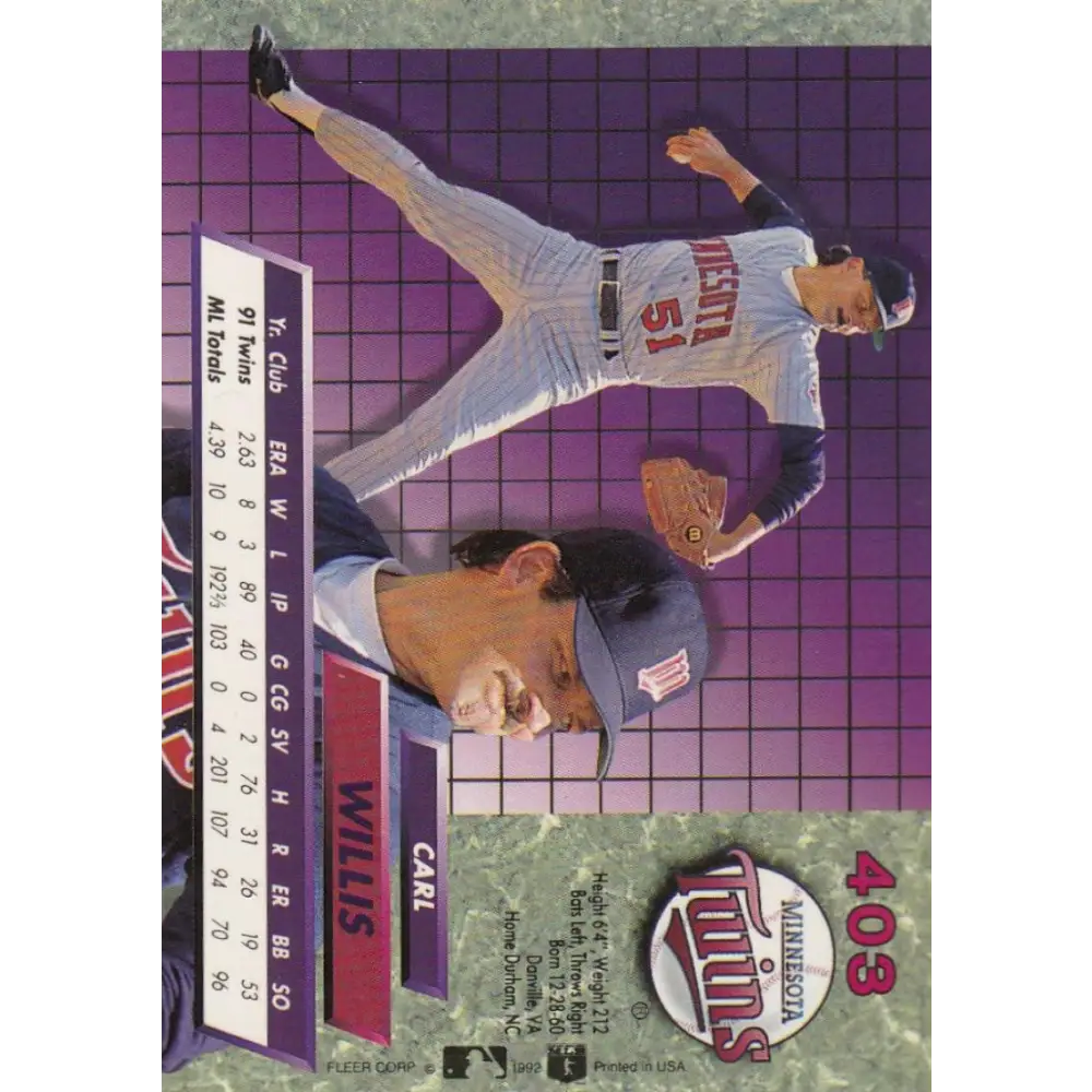 1992 Fleer Ultra #403 Carl Willis NM-MT Minnesota Twins Baseball Card Image 2