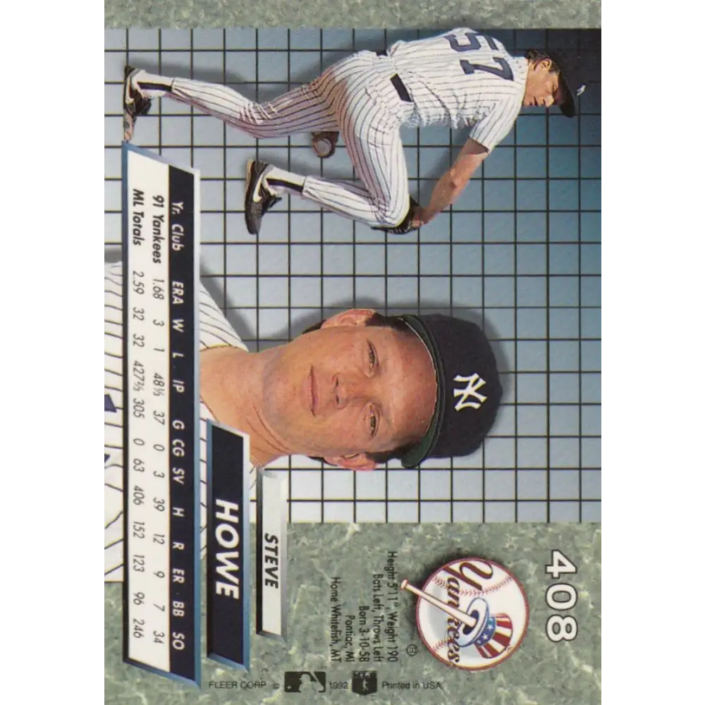 1992 Fleer Ultra #408 Steve Howe NM-MT New York Yankees Baseball Card Image 2