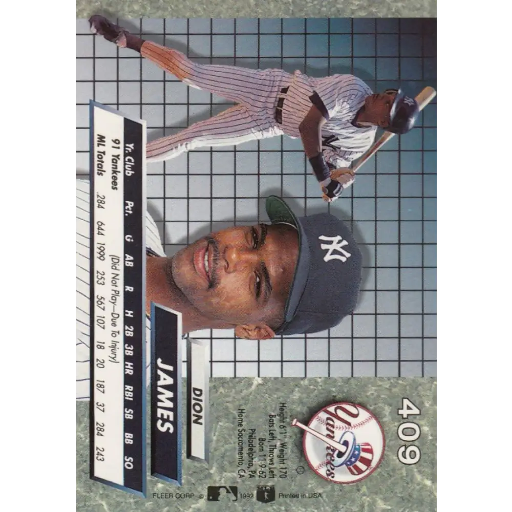 1992 Fleer Ultra #409 Dion James NM-MT New York Yankees Baseball Card Image 2