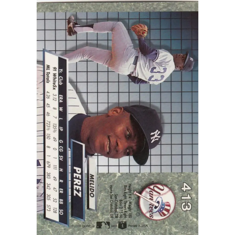 1992 Fleer Ultra #413 Melido Perez NM-MT New York Yankees Baseball Card Image 2